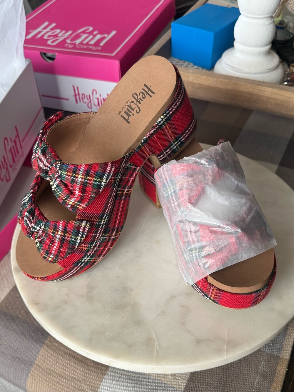 Corkys Put a Bow On It Red Plaid Platform Heels NWT